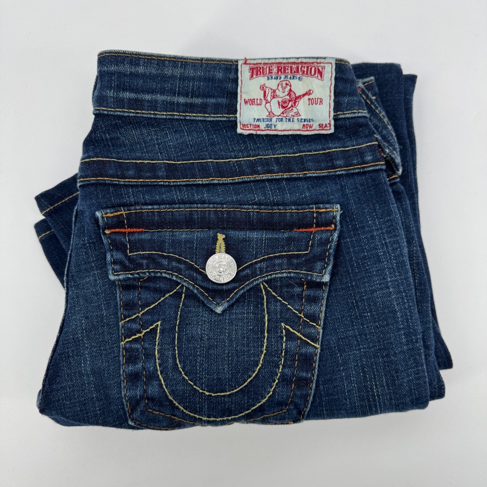 True Religion Joey Flare Jeans Dark Wash Bootcut Stitch Size 29x30 Made in USA